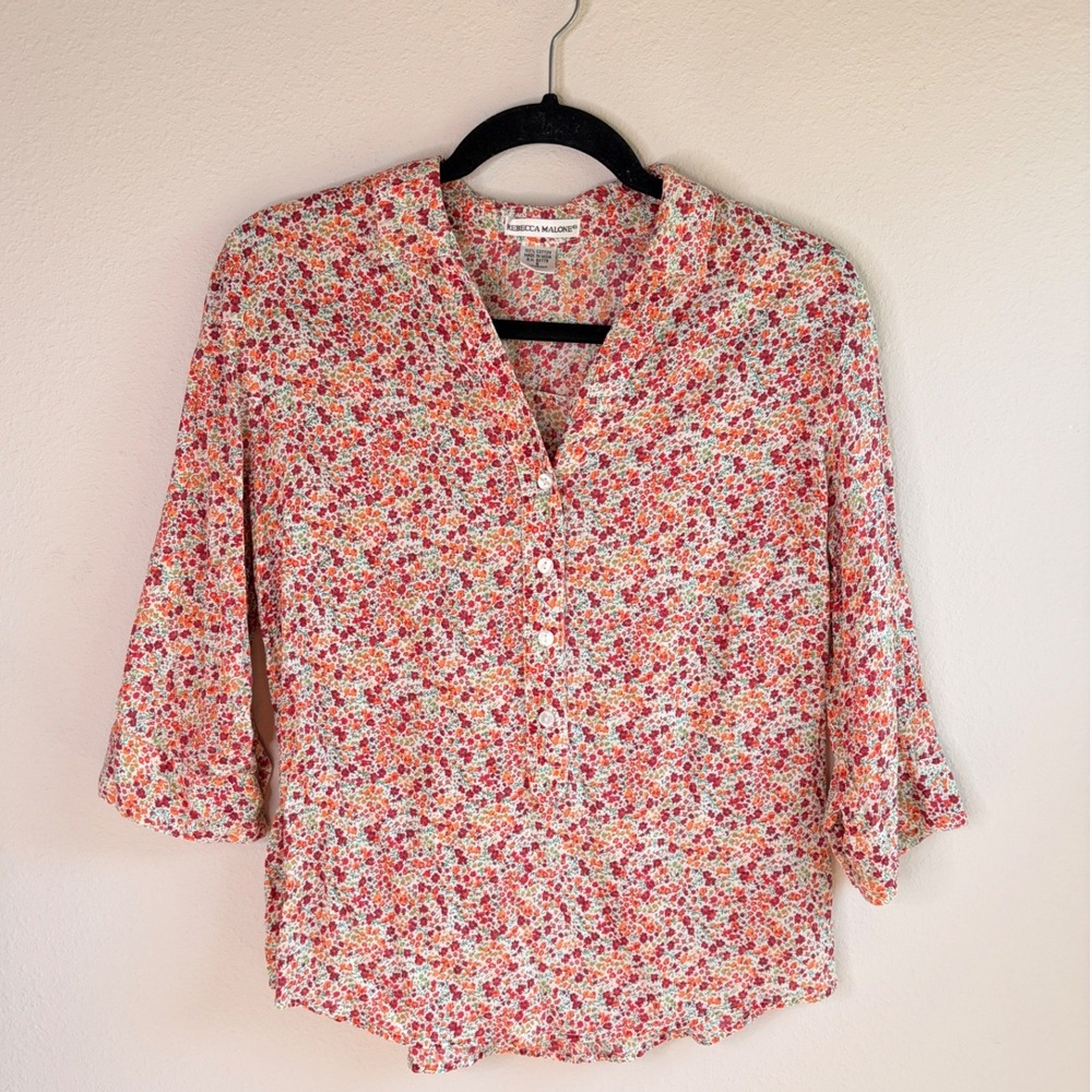 Rebecca Malone 100% Floral 3/4 Sleeve Button Down Blouse Small